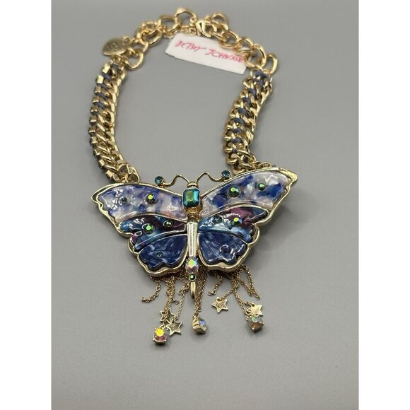 Betsey Johnson Large Blue Stone Butterfly Pendant Crystal Tassel Gold Necklace - Picture 5 of 6